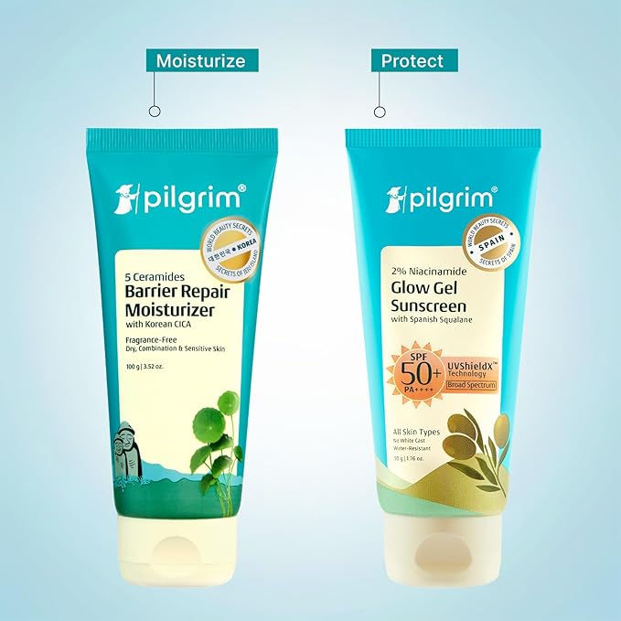 Pilgrim Korean Cica Moisturizer with 5 Ceramides & 2% Niacinamide Glow Gel Sunscreen SPF 50 PA+++ | Hydration, Barrier Strength & Bright Glow | Lightweight & Non-Sticky