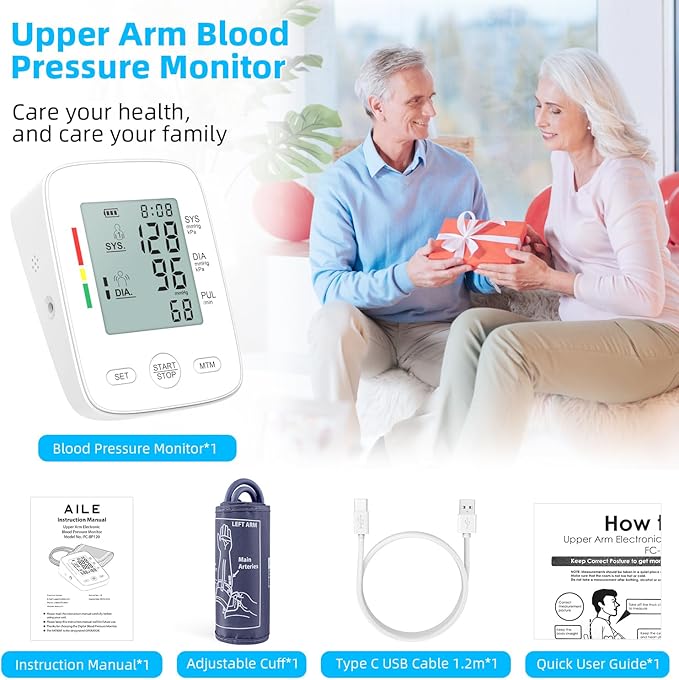 AILE Blood Pressure Monitor, Upper Arm Blood Pressure Machine, Automatic Blood Pressure Monitors for Home Use BP Monitors with Large Cuff 8.7-16.5” Adjustable, 2 * 99 Sets Memory, Digital LCD Display