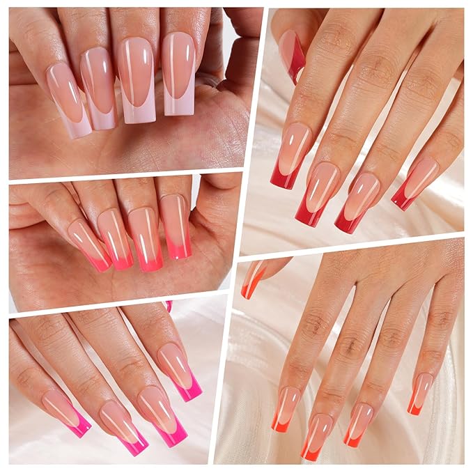 300Pcs French Gel Nail Tips, Vansiho Long Square Nail Tips, Pink Pre-French Tips Press on Nails, Acrylic Fake Nails for Nail Art DIY 15 Sizes