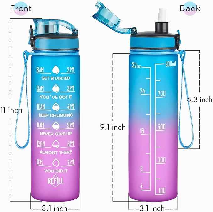 Enerbone Water Bottle, Leakproof BPA & Toxic Free, Motivational Water Bottle with Times to Drink and Straw, Fitness Sports Water Bottle with Strap for Office, Gym, Outdoor Sports