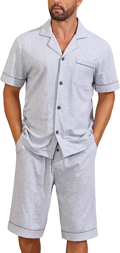 COLORFULLEAF Men's 100% Cotton Short Sleeve Pajama Sets Button Down Notched Collar Sleepwear Soft Lounge Pjs with Pockets