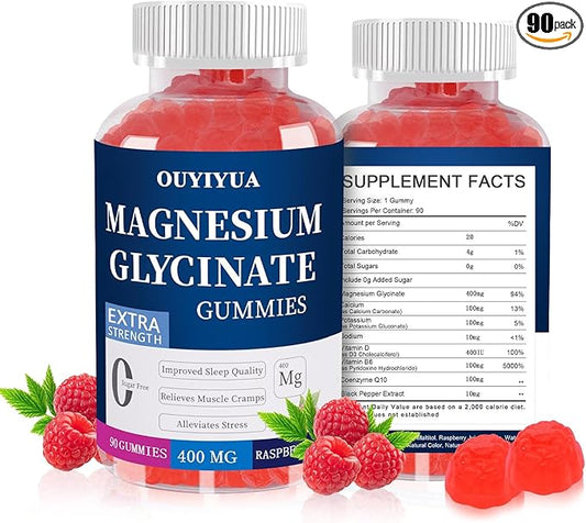 Magnesium Glycinate 400mg Gummies, Sugar Free Magnesium Gummies with Vitamins D, B6 for Sleep Support, Stress and Muscle Relief for Men and Women, 90 Count