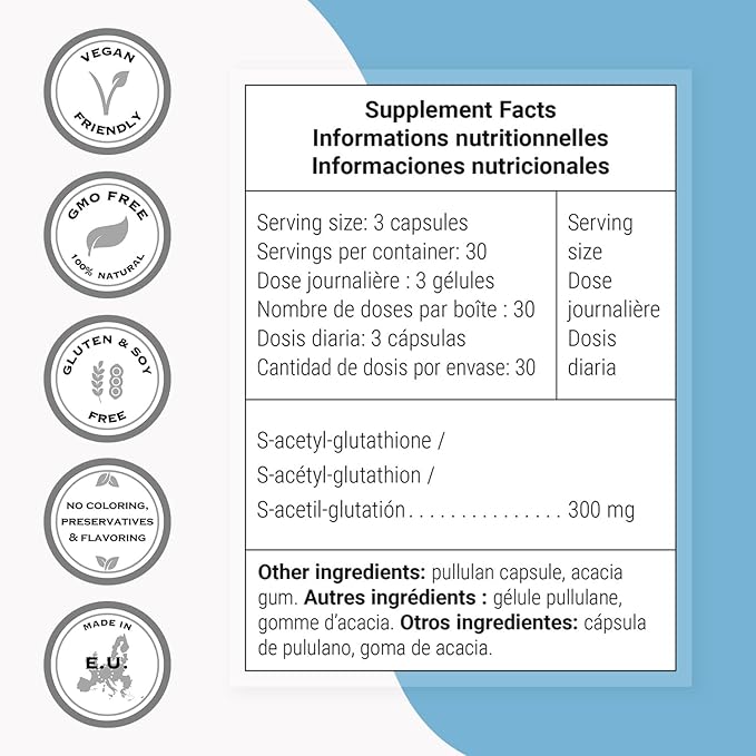 Supersmart S-Acetyl Glutathione 300mg per Day (High Absorption) - Stable Form of L-Glutathione Tripeptide - GSH Supplement | Non-GMO & Gluten Free - 90 Vegetarian Capsules