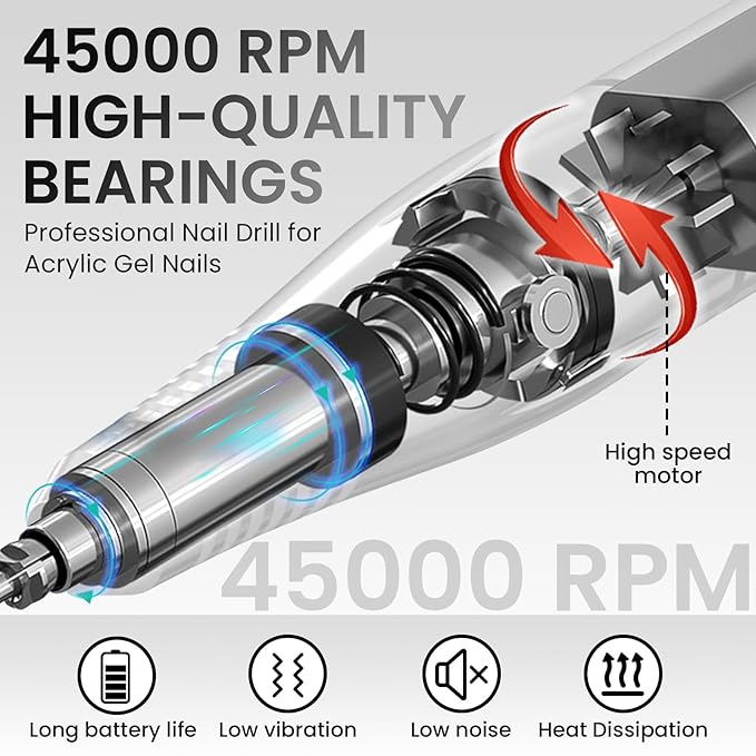 45000RPM Professional Cordless Portable Nail Drill Cordless Low Noise Nail Filer Electric Machine with Efile Bits & Base for Acrylic Nails, Nail Buffer Machine for Salon Home (Grey)