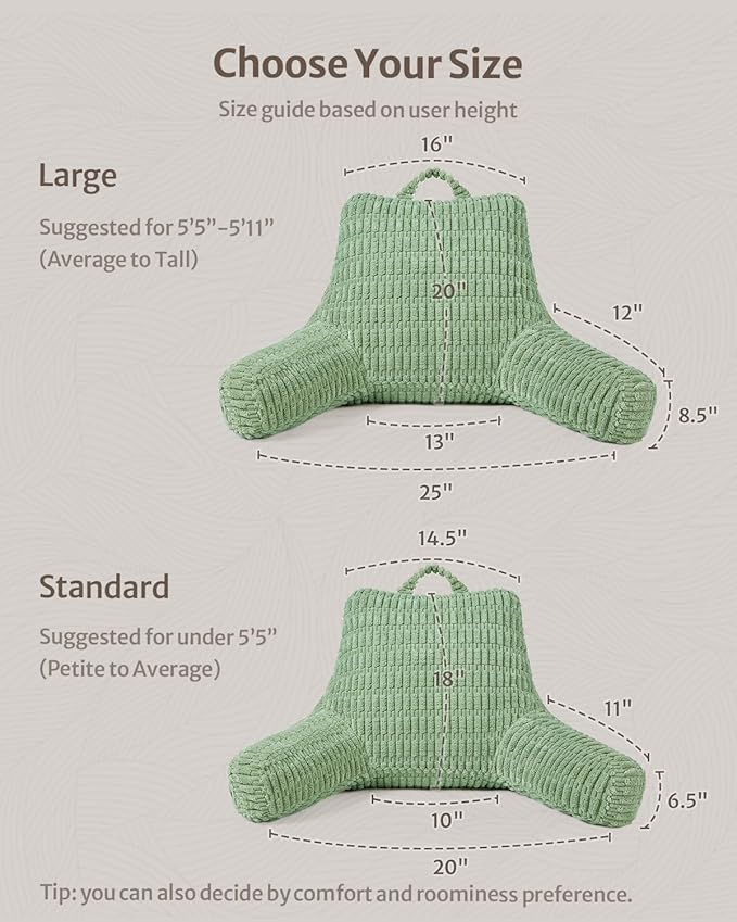 Blissful Diary Reading Pillow, Large Backrest Pillow with Shredded Memory Foam for Adult & Children, Designed for Bed and Couch Sitting Up, Includes Arms, Pockets and Washable Cover, Sage Green