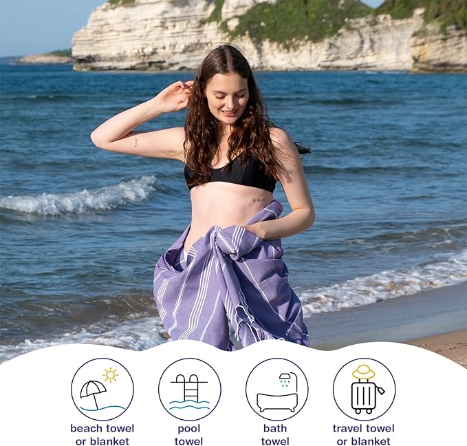 Turkish Beach Towels, Pack of 4 | Oversized, Quick Dry, Sand Free | 100% Cotton, Large 38x71 Towels for Beach, Pool, Travel | Ultra-Soft, Compact, and Absorbent | Purple