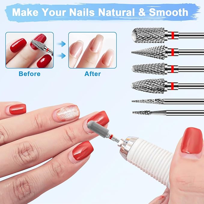 Diesisa 6 Pack Nail Drill Bits for Acrylic Nails, 3/32"" Shank Drill Bits for Nails, Professional Electric Cuticle Bit for Nail Drill, Cuticle Cleaner Nail Gel Polish Remover Tool for Home Salon-Red