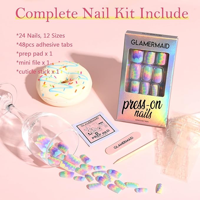 GLAMERMAID Tie Dye Press on Nails Medium Square, Colorful Ombre Light Green Pink Gel False Nals, Natural Light Color Glue on Nails Kit for Women, Reusable Stick on Acrylic Fake Nails Manicure Set