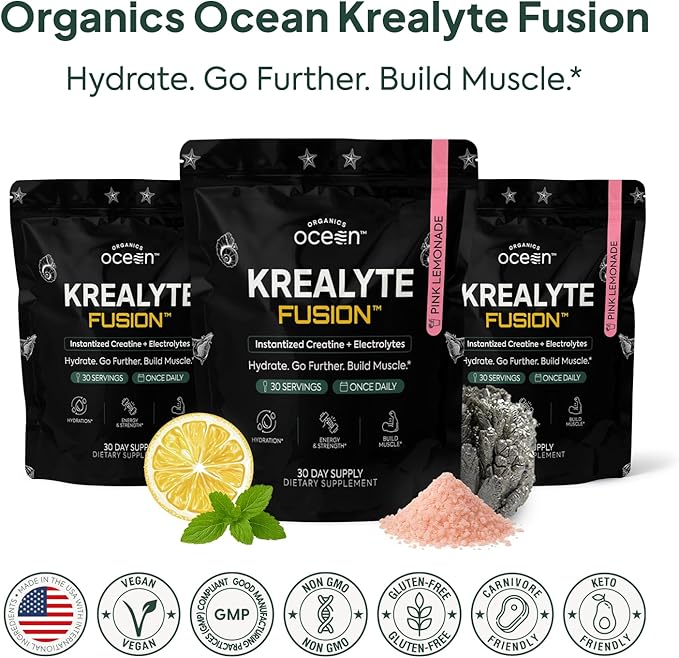 Organics Ocean Krealyte Fusion - Instantized Creatine Monohydrate Powder with Electrolytes - Muscle Strength, Endurance & Hydration Support - Vegan, Sugar-Free, Pink Lemonade Flavor - 60 Servings