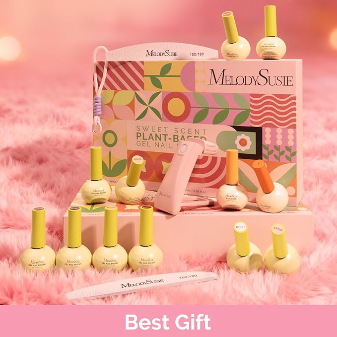 MelodySusie Highly Pigmented Gel Nail Polish Set with Mini UV Light, Plant-Based Formula, 10 Nude Colors + 2 Glassy Top & Base Coat, 16.5ml Tilt-and-Stand Bottle, Gift for Nail Art at Home