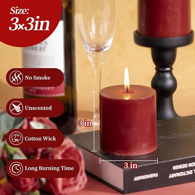 KONNI Dark Red Pillar Candles Set of 3, 3"x 3" Unscented Pillar Candles Bulk, 30 Hours Long Burning Candles, Smokeless&Dripless Large Round Candle for Wedding, Home Decoration, Parties, Spas, Dinner