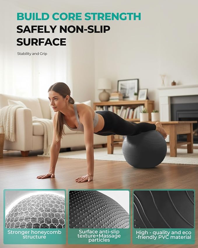 Gruper Yoga Ball, Extra Thick Exercise Ball for Workout Pregnancy Stability - 4 Sizes Anti Burst Balance Ball for Yoga, Pilates, Fitness, Birthing, Physical Therapy - Includes Pump
