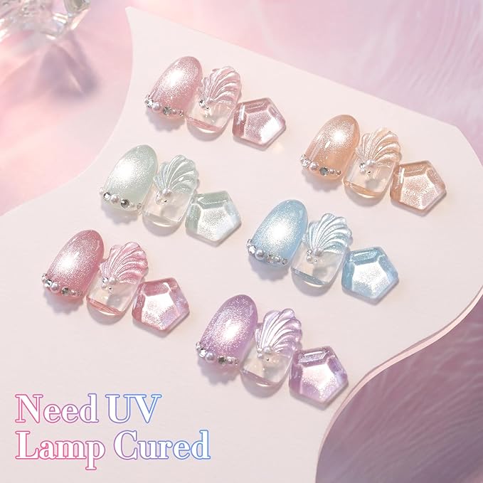 Double Rhythm Cat Eye Gel Nail Polish Set of 6 Same Color Same Bottle 0.5 Oz Shimmer Glitter with Magnet Holographic Reflective Magnetic UV Nail Polish Kit (Silver Nude Pink Blue Purple-T6-28)