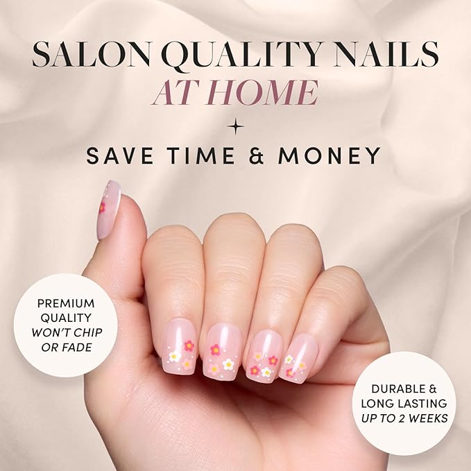 Glamnetic Press On Nails - Pretty Bloom | Glossy, Semi-Transparent Short Squoval Nails with Flower Accents, Salon Quality | 15 Sizes - 30 Nail Kit with Glue
