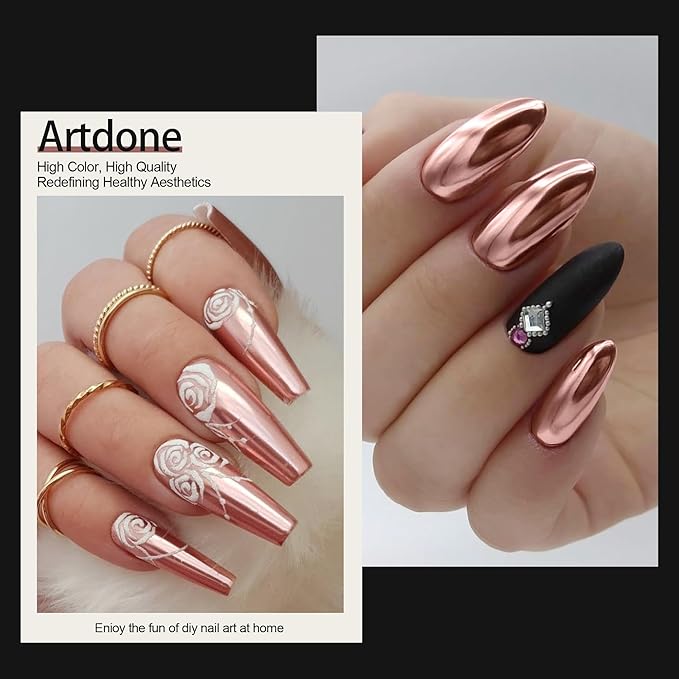 Artdone Chrome Nail Powder, Rose Gold Iridescent Aurora Powder Metallic Mirror Effect Pigment Pearlescent Mermaid Pigment Pearl Glitter Dust Kit, Nail Art Decoration, Resin Craft
