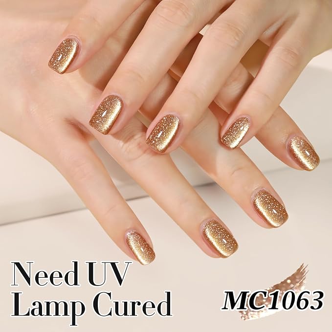 Double Rhythm 15ML Glitter Glass Cat Eye Gel Polish with Magnet Holographic Glitter Shimmer Translucent Sheer Color Salon Soak Off Magnetic Gel Polish at Home (Coffee Brown-MC1063)