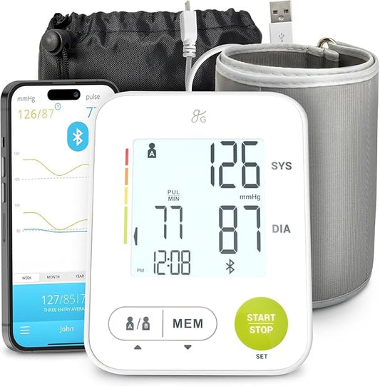 Greater Goods Bluetooth Blood Pressure Monitor for Home Use, Upper Arm BP Machine with Wide Range Cuff, Accurate Digital Readings, Balance Health App, Compatible with iOS and Android Devices