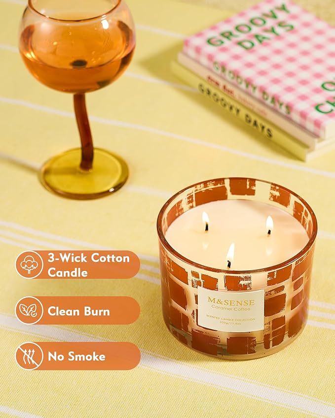 M&SENSE 3 Wick Caramel Coffee Scented, 11.6oz 60H Slow Burn, Soy Organic Wax Non Toxic Long Lasting, Jar Candle for Coffee Lover, Relaxing Aromatherapy Gifts for Women