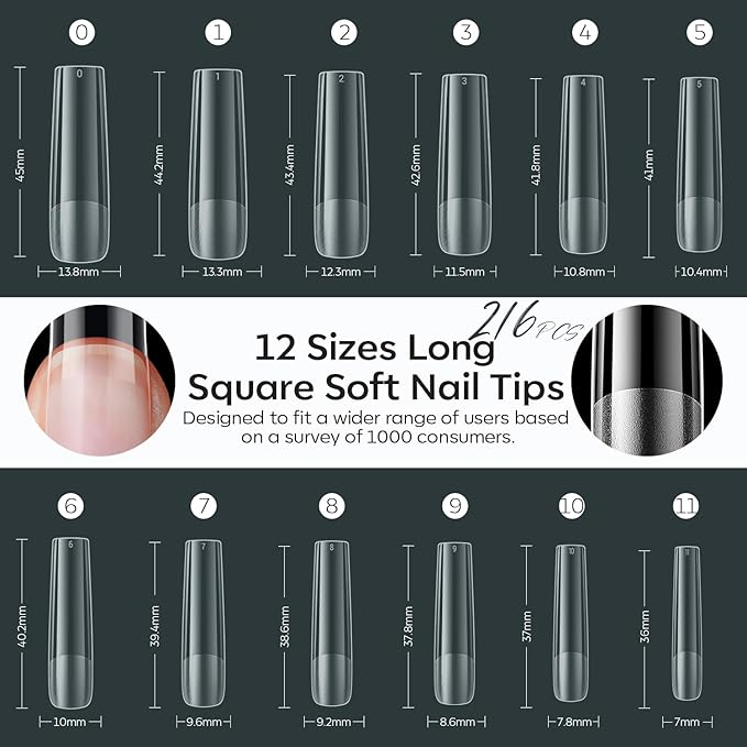 modelones XXL Long Square Nail Tips, Pre-shaped Soft Gel Tips Fake Nails False Acrylic Clear Full Cover Press on Extension Kit Gel Manicure DIY at Home 216PCS 12Sizes