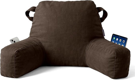 Portable Comfy Reading Pillows for Bed Sitting Up(Brown Oeko-Tex), Velvet Back Pillow with Arms & Pockets for Adults, Support Memory Foam Bed Pillow for Dorm/Reading/Watching/Gaming