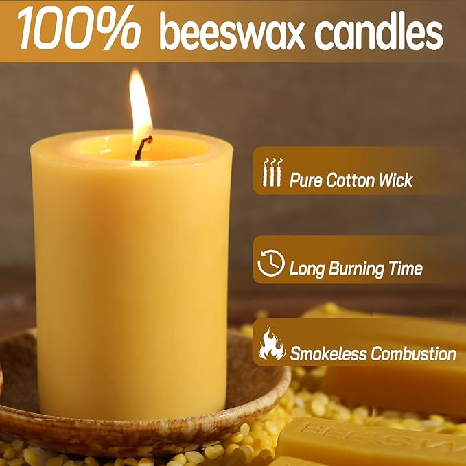 Natural Beeswax Pillar Candle, 106 Hours Long Burning Emergency Candle 2.8x4in Unscented Organic Pillar Candles 100% Pure Bees Wax Candles for Home Paryer, 2 Packs