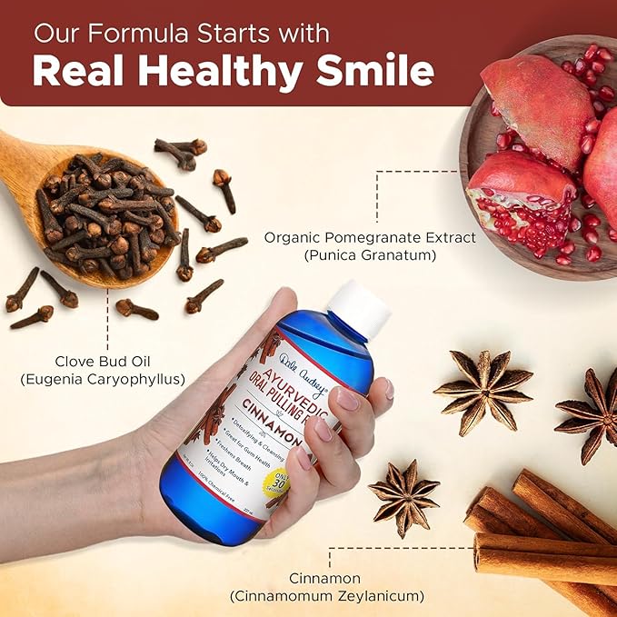 Pack of 3 Ayurvedic Organic Oil Pulling for Teeth & Gums | Natural Cinnamon Flavored Oral Rinse Mouthwash | Essential Oils for Healthy Gums & Bad Breath | Teeth Whitening & Fresh Breath-8 FL Oz