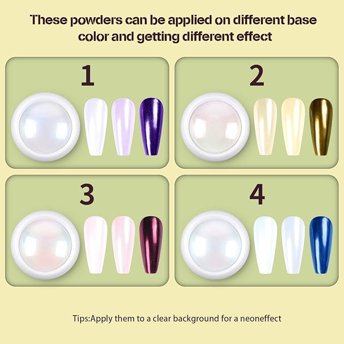 Artdone 4 Jars Chrome Nail Powder Metallic Mirror Effect Pigment Chrome Iridescent Aurora Nail Glitter Mermaid White Pearl Glitter Dust Kit for Gel Polish Nail Art Decoration, Resin Craft