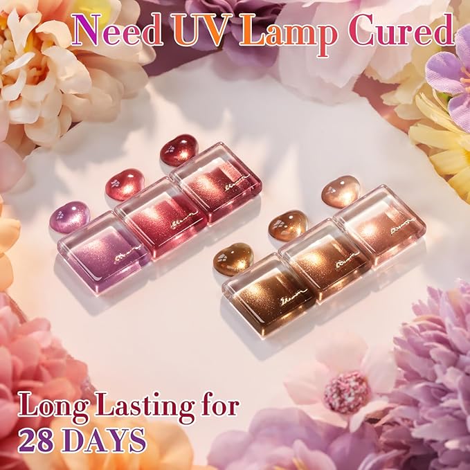 Double Rhythm Cat Eye Gel Nail Polish Set of 6 Same Color Same Bottle 0.5 Oz Shimmer Glitter with Magnet Holographic Reflective Magnetic UV Nail Polish Kit at Home (Rose Coffee Brown Red-T6-62)