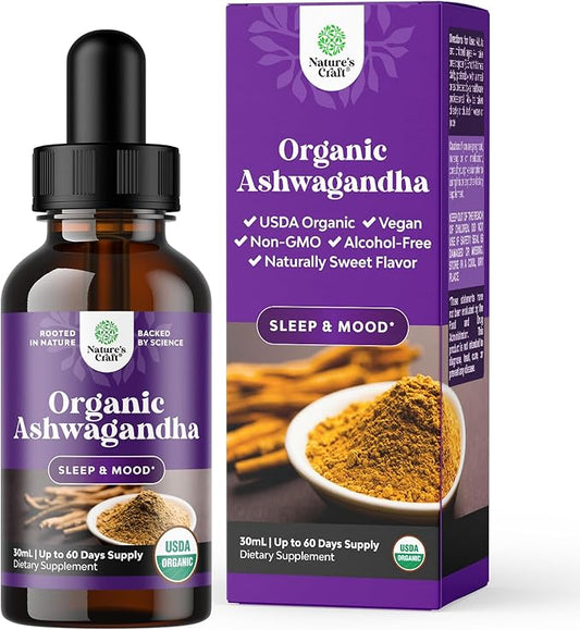 USDA Organic Ashwagandha Liquid Drops - Ashwagandha Root Extract for Stress and Mood Support - Delicious Pure Adaptogen Drops for Adults - Alcohol-Free Herbal Tinctures for Rest - 30 ml Bottle