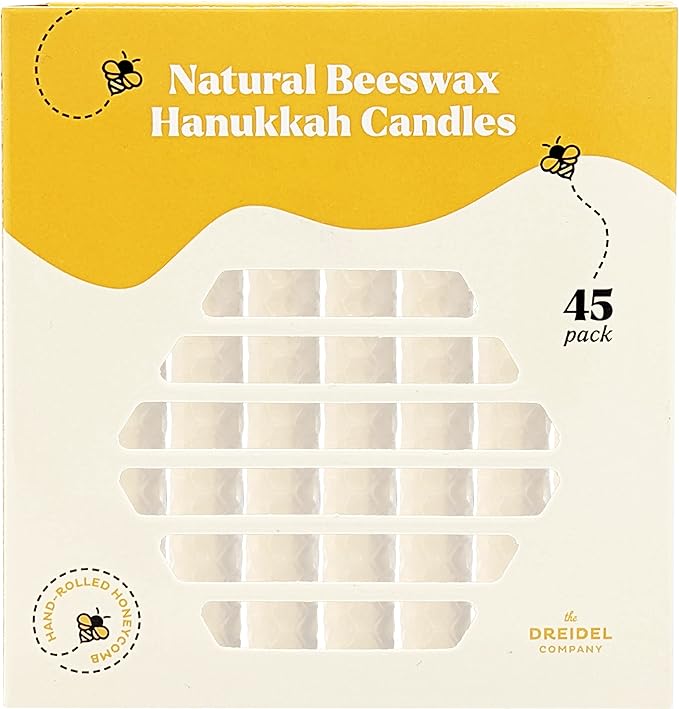 The Dreidel Company Hand Rolled Hanukkah Candle Natural Honeycomb Beeswax White, 45 Minute Burn Time, 45 Candles for All 8 Nights of Chanuka
