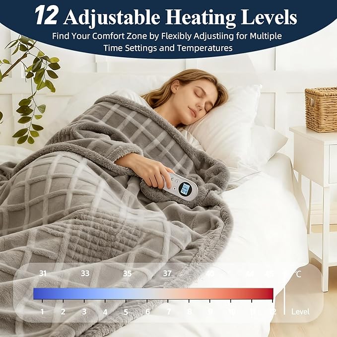 Heated Blanket Electric Throw, 50"X60" Heating Blanket Waffle with 12 Heat Levels, Fast Heating Blanket with 1-12 Timer, Overheat Protection with ETL & FCC for Bed Home Office Sofa (Light Gray）