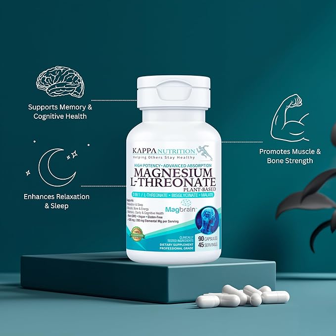 Kappa Nutrition Powered by Magbrain™ Magnesium L-Threonate Plant-Based, 420mg Elemental Magnesium (3 Capsules) from 2,253mg, 90 Vegan Capsules, Brain, Sleep & Muscle Support.