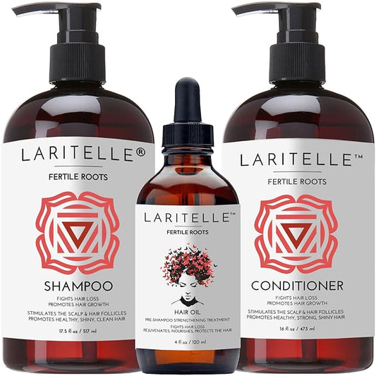 Laritelle Organic Hair Growth Set | Fertile Roots Shampoo + Conditioner + Leave-In Treatment | Follicle Stimulating Rosemary, Ginger & Clove | Anti-Hair Loss, Strengthening, Nourishing | USA made
