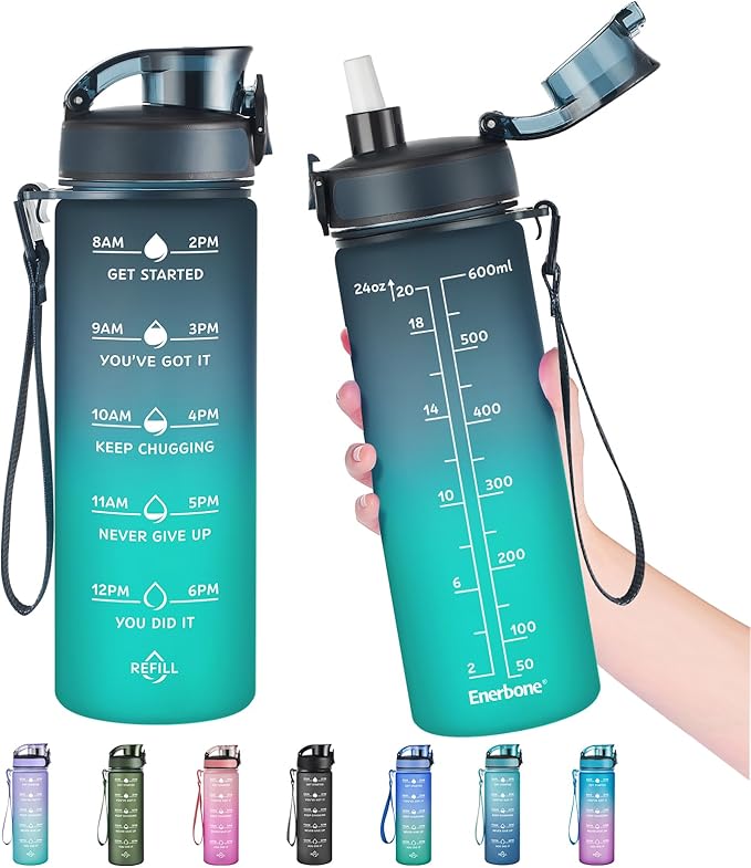 Enerbone Water Bottle, Leakproof BPA & Toxic Free, Motivational Water Bottle with Times to Drink and Straw, Fitness Sports Water Bottle with Strap for Office, Gym, Outdoor Sports