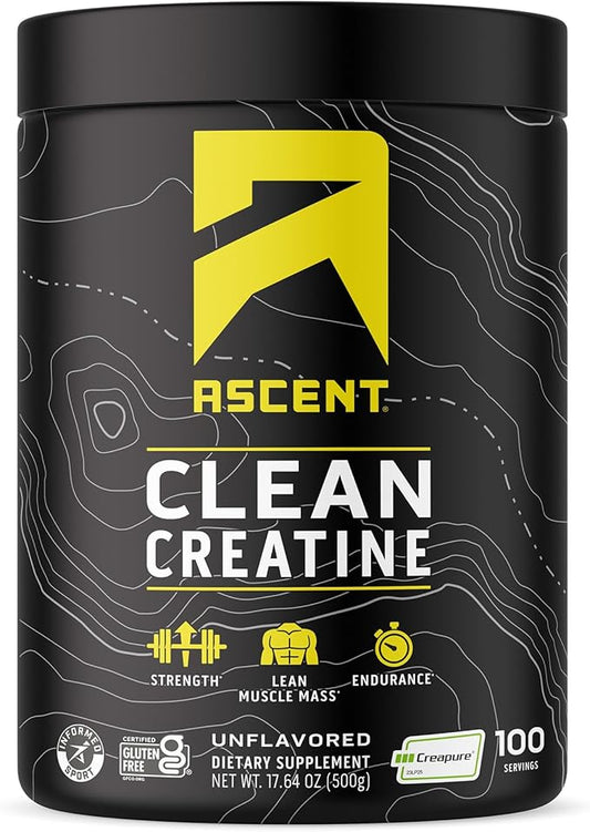 Ascent Clean Creatine Monohydrate Powder - 5G Per Serving, Creapure Creatine Supplement - Unflavored, 100 Servings