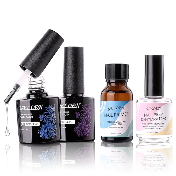 Gellen Nail Dehydrator, Primer & Top & Base Coats Kit - Superior Protein Bonding, Fast Air Dry for Acrylic Powders & Gel Polish