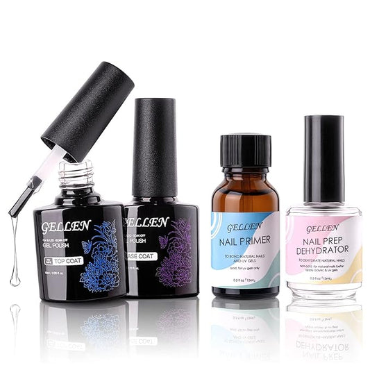 Gellen Nail Dehydrator, Primer & Top & Base Coats Kit - Superior Protein Bonding, Fast Air Dry for Acrylic Powders & Gel Polish