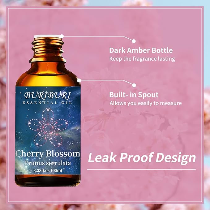 BURIBURI Cherry Blossom Essential Oil for Aromatherapy Diffuser, Skin, 100% Pure Cherry Blossom Oil 100ML for Candle, Soap, Perfume Making Cherry Fragrance Oil 3.38fl.oz