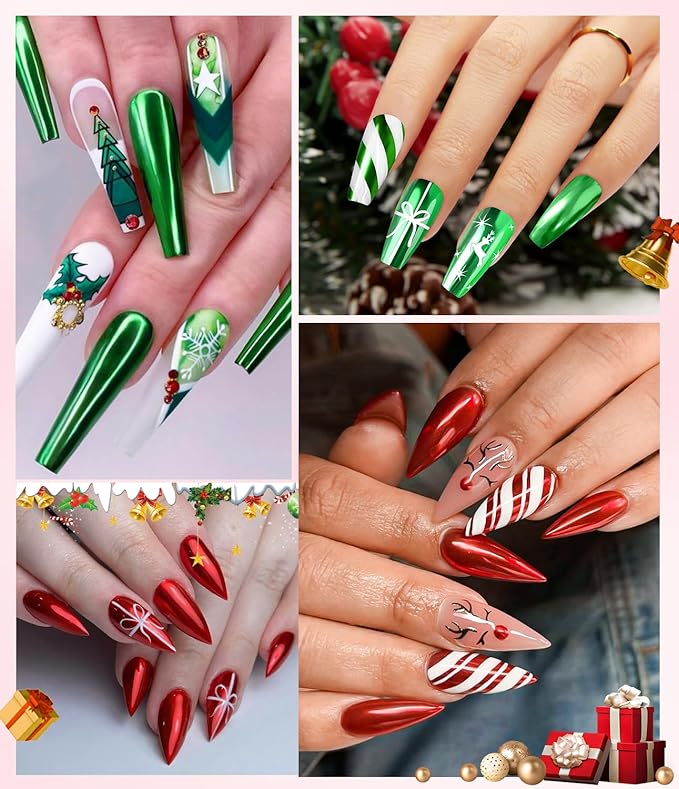 Gold Chrome Nail Powder - 4 Colors Christmas Red Green Laser Gold Nail Chrome Powder, Sparkly Holographic Chrome POwder for Nails Mirror Effect Glitter Pigment Dust - Christmas Nail Design