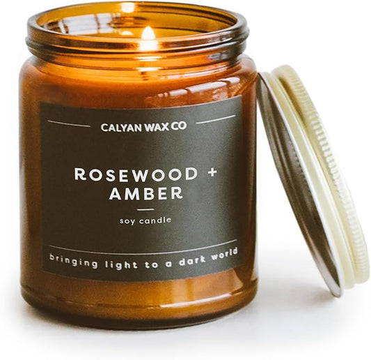 Calyan Wax Co. Soy Wax Candle, Rosewood + Amber Scented Candle, 57 Hour Burn Time, Aromatherapy Soy Candles, Non Toxic & Vegan Soy Wax, Amber Glass Jar Scented Candles, 7.2oz
