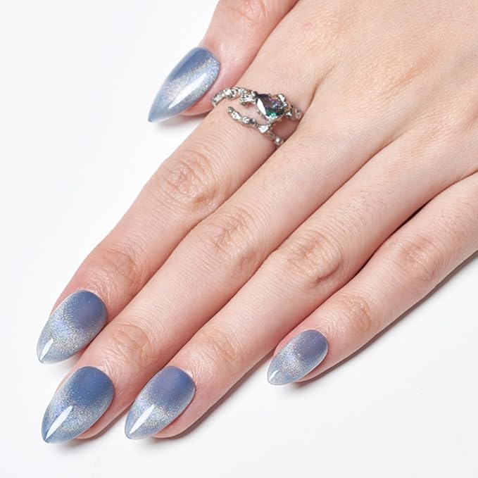 GLAMERMAID Blue Cat Eyes French Tip Press on Nails Short Almond, Rainbow Magnet Handmade Gel Fake Nail Kit, Ombre Glitter Magnetic Glue on Nail Stiletto, Medium Oval Stick on False Nail Set for Women
