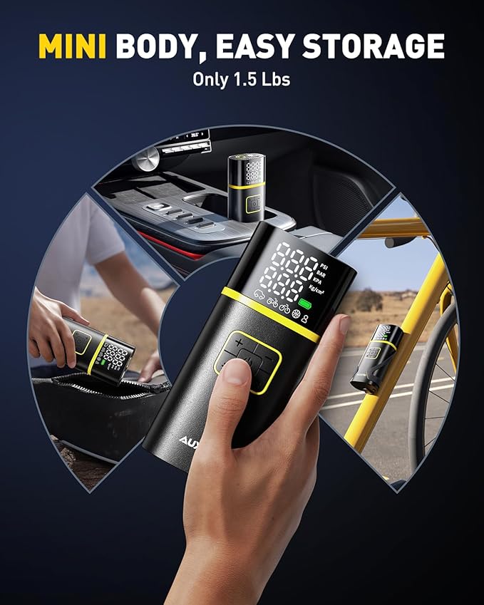 AUXITO Tire Inflator Portable Air Compressor - 150PSI Bike Pump 1Min Fast Inflate with Tire Pressure Gauge, LED Light & Car Accessories, Air Pump for Auto, Moto, Bike, Ball, Car Gifts for Men