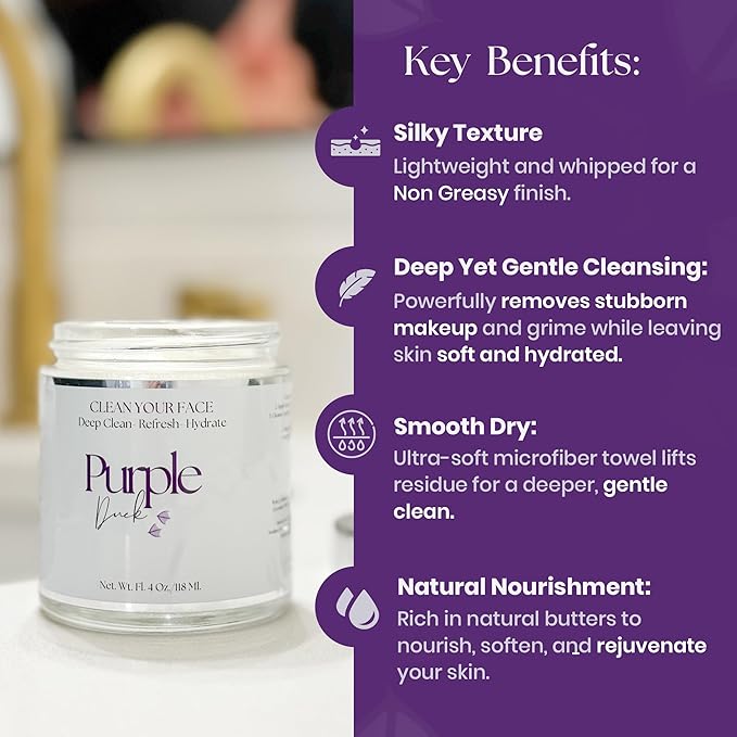 Purple Duck Facial Cleanser Kit – 4 Oz Whipped Coconut Butter Cleanser with Microfiber Towel - Hydrating & Nourishing Skin Care Set – Deep Cleansing & Hydrating Face Care Set for Women & Men