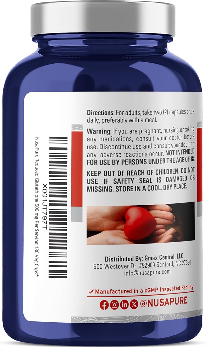 NusaPure Reduced Glutathione 500mg 180 Veggie Capsules (Vegan,Non-GMO) L-Glutathione