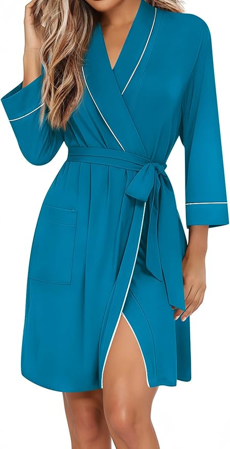 Ekouaer Women Robes Shawl Collar Bathrobe Short Kimono Robe Soft Knit Bathrobes Ladies Sleepwear with Pockets S-XXL