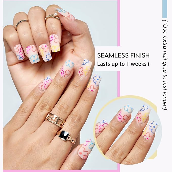 GLAMERMAID Matte Floral Press on Nails Medium Square, Y2K Pink Dull Polish Gel False Nals with Flower Design, Natural Glue on Nails Kit for Women, Neutral Reusable Stick on Acrylic Fake Nails Manicure