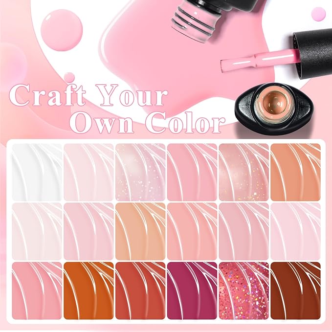 MTSSII 18 Pcs Jelly Gel Nail Polish Set, Pink Nude Sheer White Red Glitter Nail Polish Kit Translucent Soak Off UV Gel Long Lasting Suitable for Home and Salon