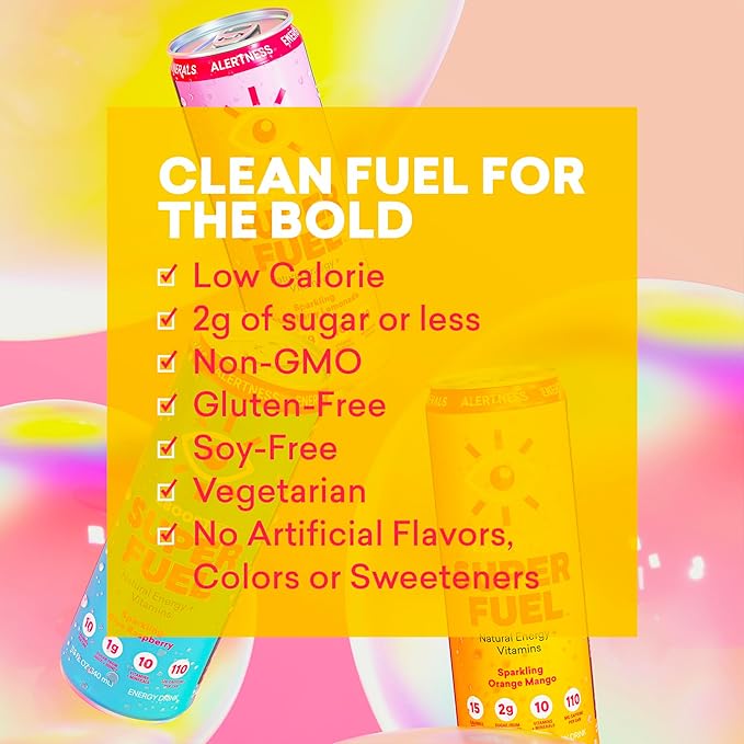 EBOOST Super Fuel Healthy Energy Drink - Caffeine from Natural & Clean Ingredients For Focus and Productivity -Taurine Free Pre-Workout With Electrolytes, Nootropic & Vitamins - Orange Mango, 12 Pack