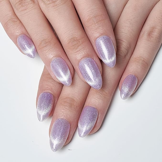 GLAMERMAID French Tip Magnet Cat Eyes Press on Nails Short Almond, Light Purple Handmade Jelly Gel Fake Nail, Ombre Glitter Magnetic Glue on Nail Stiletto, Medium Oval Stick False Nail Set for Women