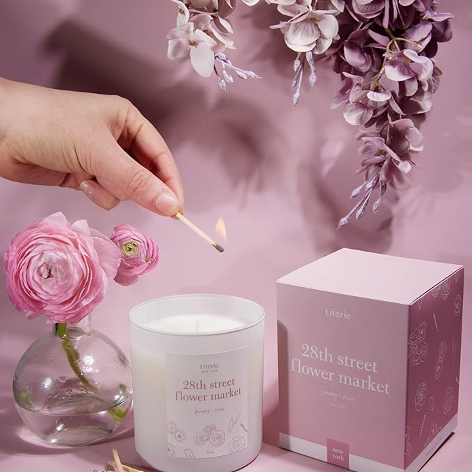 Literie NYC Inspired Scented Candle: 28th Street Flower Market - Peony & Rose Scent, 9oz, 50 Hour Burn, Vegan Soy & Coconut Blend Candle for Home Decor, Gift for Women & Men